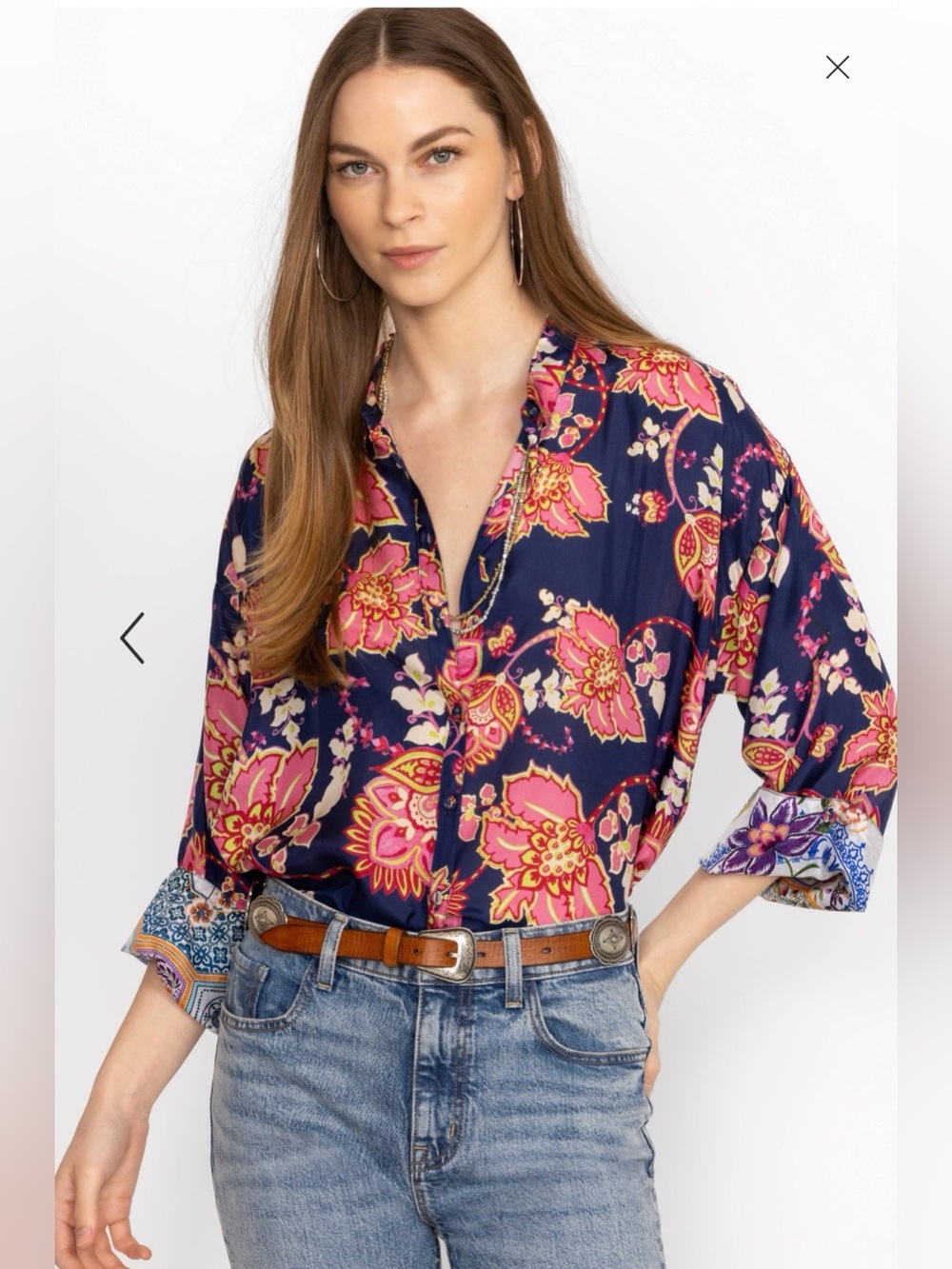 Johnny Was Montreux Button Up Silk Floral Blouse